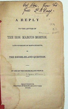 Item #10054 A Reply to the Letter of the Hon. Marcus Morton, Late Governor of Massachusetts, on...