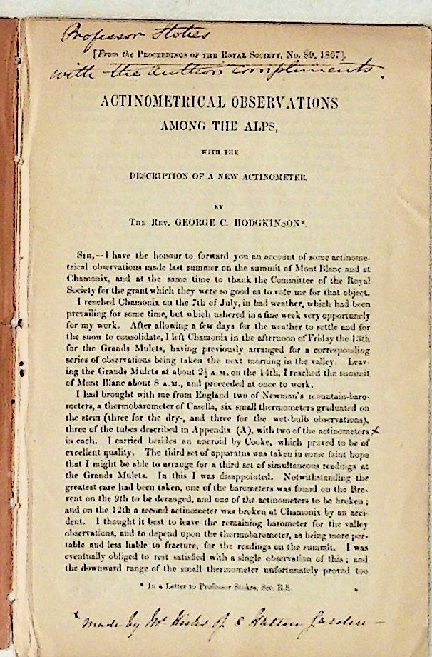 Item #10605 Actinometrical Observations Among the Alps with the Description of a New Actinometer. George C. Hodgkinson.