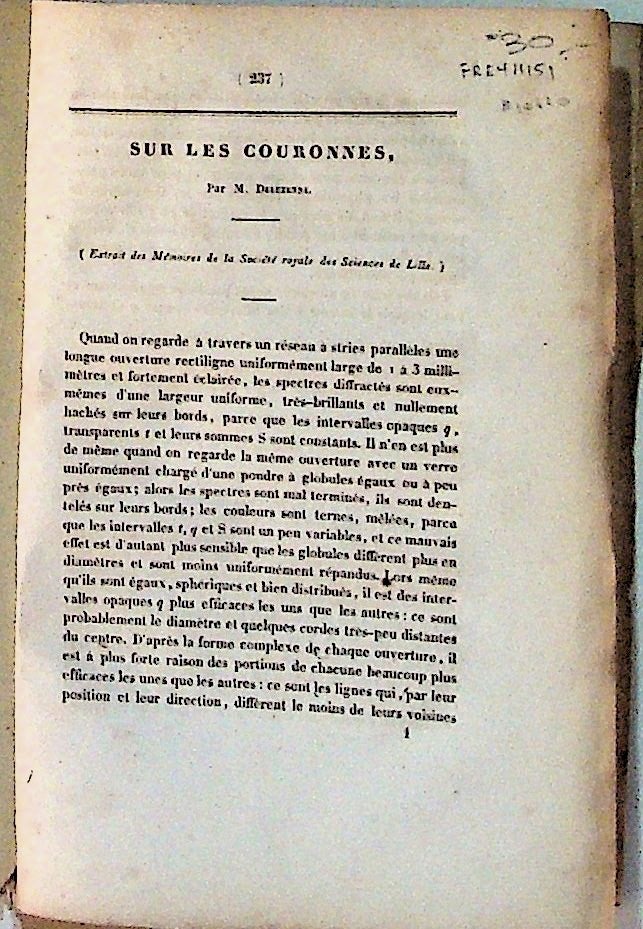Item #10620 Sur les Couronnes: Extrait des Memoires de la Societe Royale des Sciences de Lille. M. Delezenne.
