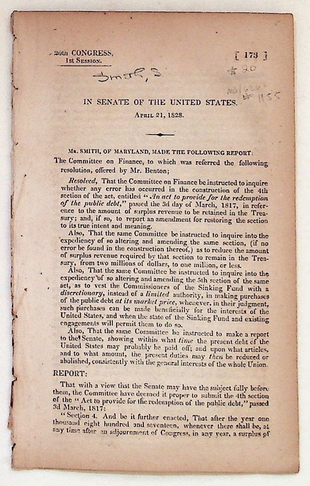 Item #1155 In Senate of the United States. April 21, 1828. S. Smith.
