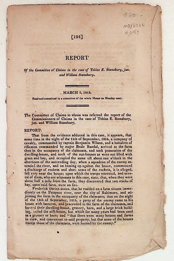 Item #1159 Report of the Committee of Claims in the Case of Tobias E. Stansbury, jun. and William Stansbury. Committee of Claims.