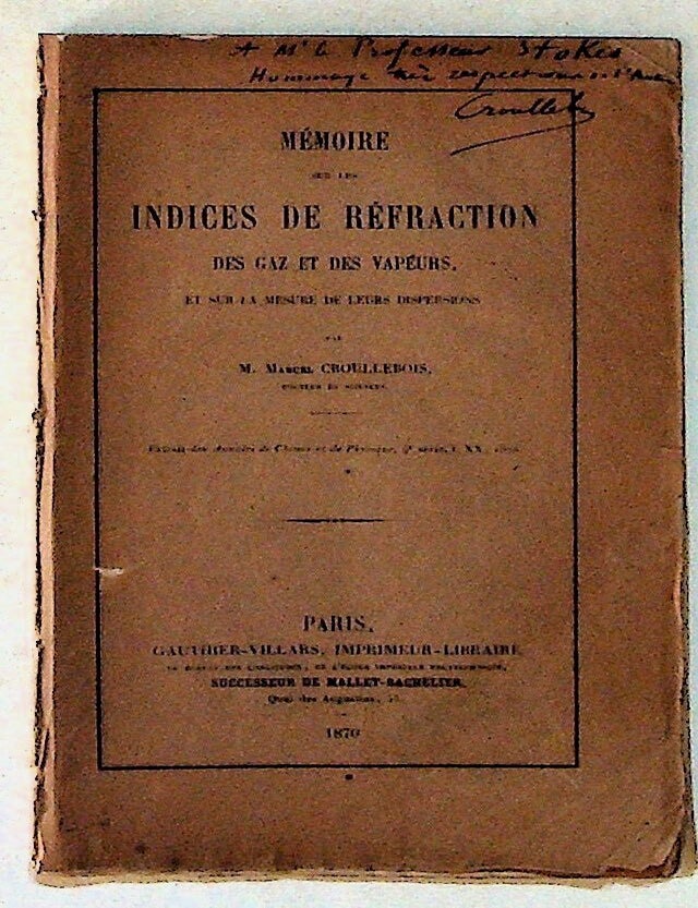Item #20612 Memoire sur les Indices de Refraction des Gaz et des Vapeurs, et sur la