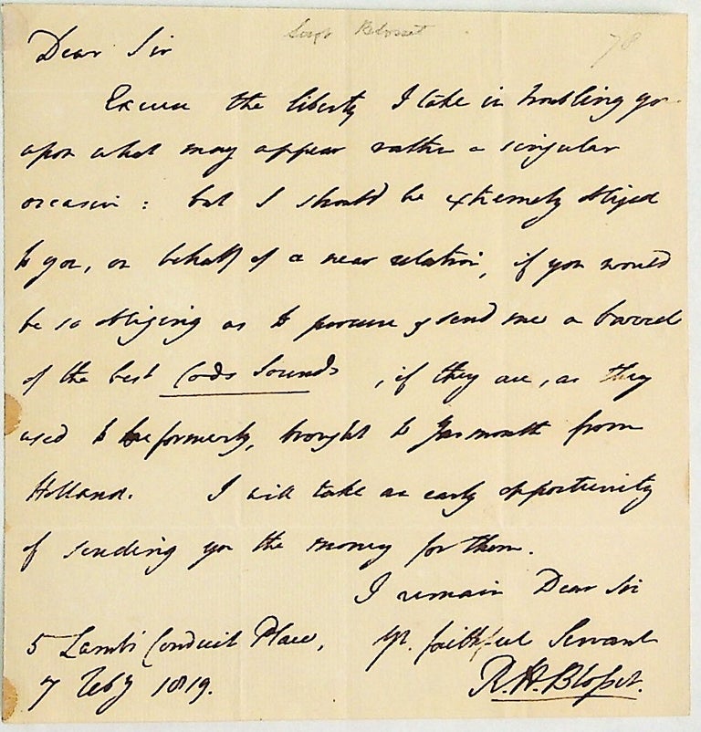 Item #24985 Autograph Letter Signed. Robert Henry Peckwell, later Blosset.