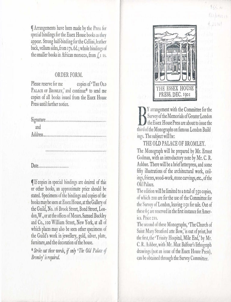 Item #26769 Essex House Prospectus and Order Form for The Old Palace of Bromley. Essex House Press, Ernest Godman, introduction C R. Ashbee.