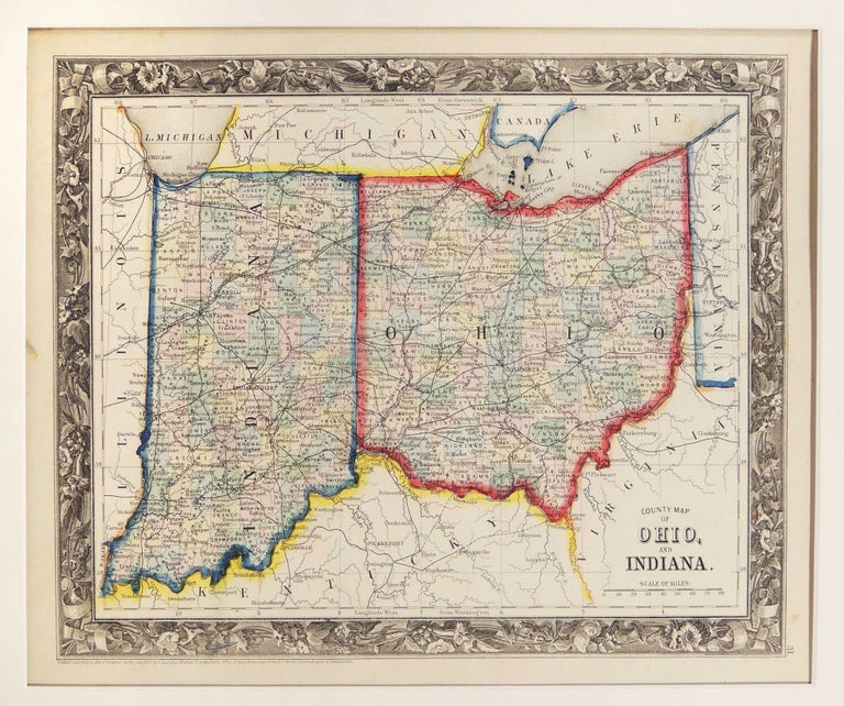 Item #27282 County Map of Ohio and Indiana. Samuel Augustus Mitchell.