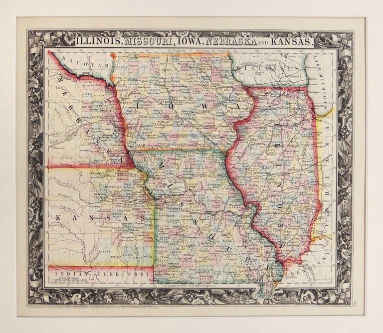 Item #27283 Map of Illinois, Missouri, Iowa, Nebraska and Kansas. Samuel Augustus Mitchell.