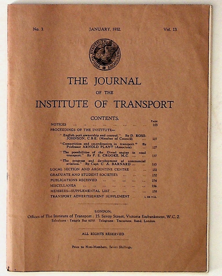 Item #27320 The Journal of the Institute of Transport. Institute of Transport.