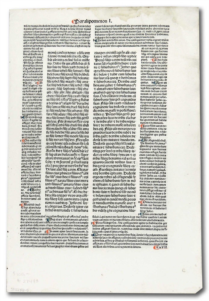 Item #27493 Incunable Leaf with page heading of Paralipomenon I. Unknown.