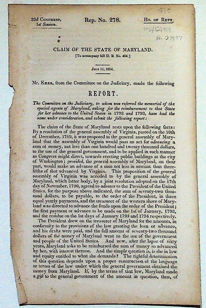 Item #27897 Claim of the State of Maryland [To accompany bill H. R. No. 464.] July 11 1854. Mr. Kerr.