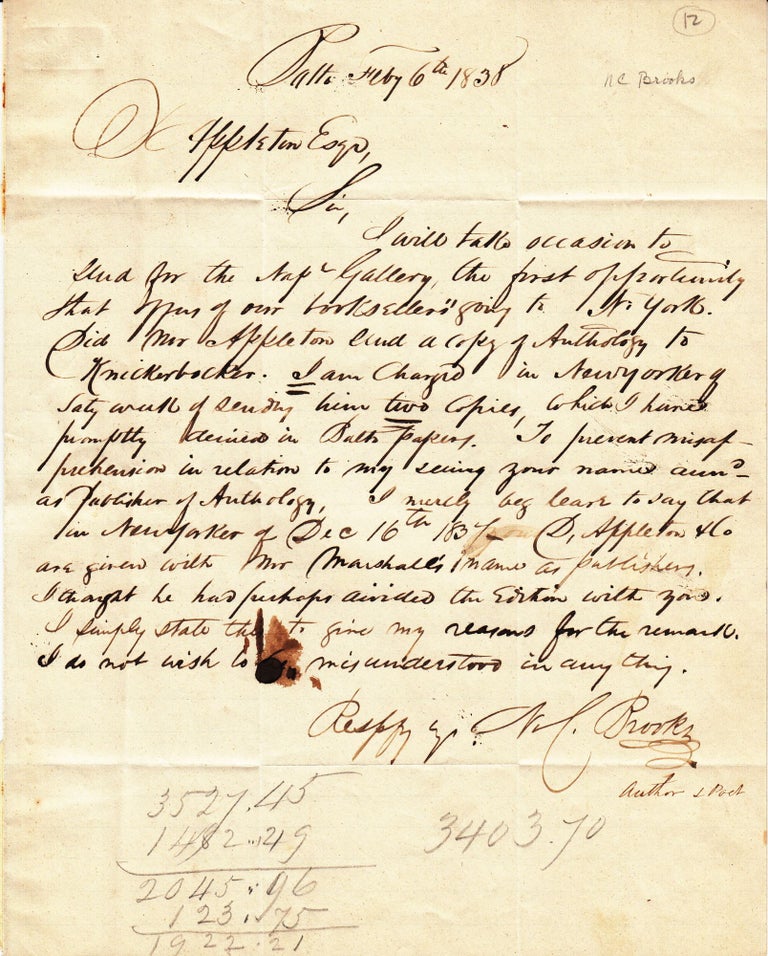Item #27956 Handwritten Letter to Daniel Appleton]. N. C. Brooks.