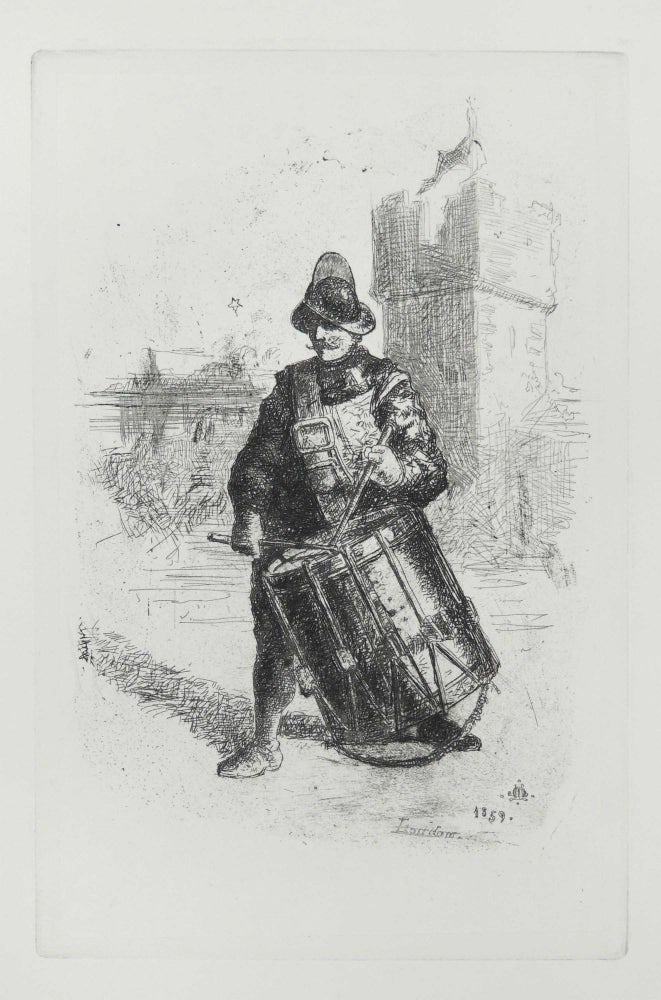 Item #27976 Etching of "The Drummer" M. J. Artist Lawless.