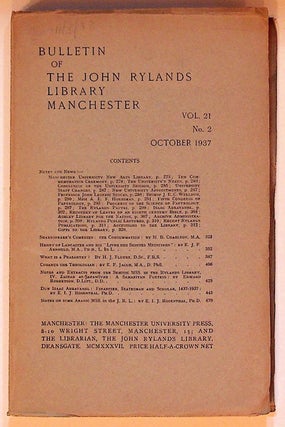 Item #28629 Bulletin of the John Rylands Library Manchester. Vol. 21 No. 2 October 1937. Unknown