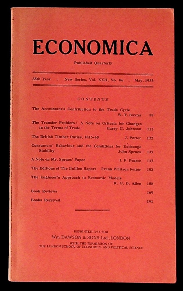 Item #28639 Economica. Published Quarterly. 35th Year, New Series, Volume XXII, Number 86. May, 1955. W T. Baxter, J. Potter Harry G. Johnson, R. G. D. Allen, Frank Whitson Fetter, I. F. Pearce, John Spraos.