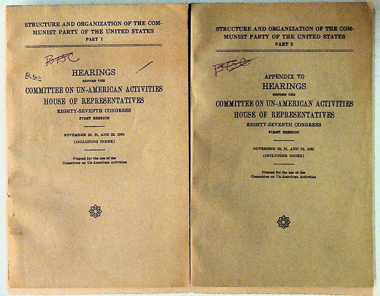 Item #31030 Hearings Before the Committee on Un-American Activities House of Representatives. Eighty-Seventh Congress. First Session. November 20, 21, and 22, 1961 (including index). Parts 1 and 2. Part 2 is the appendix. (2 volumes). Committee on Un-American Activities.