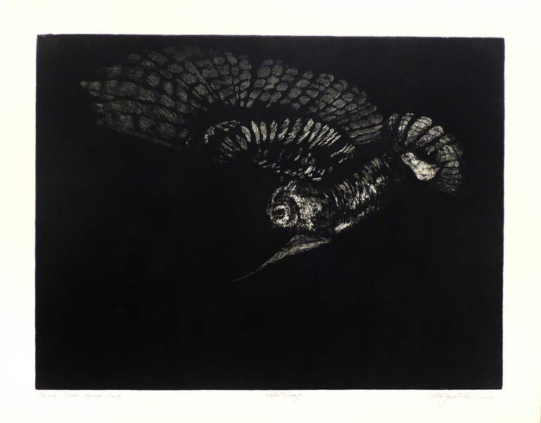 Item #31305 Flying Great Horned Owl [Original Print]. Cheloniidae Press, Alan James Robinson, artist.