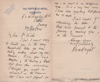 Item #31990 Handwritten Letter about the book 'The History of Lloyds'. Charles Wright