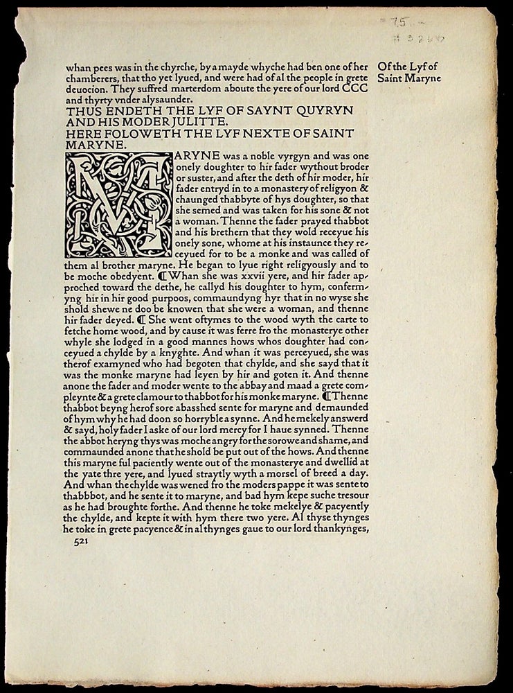 Item #32647 The Golden Legend [Disbound page]. Kelmscott Press, William Caxton.
