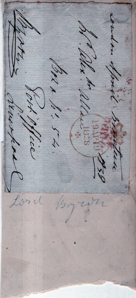 Item #33684 Free frank cover for Byron correspondence. George Anson Byron, 7th Baron Byron.