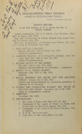 Service Record of Brigadier General Frank Parker, American Expeditionary Forces (A.E.F.)