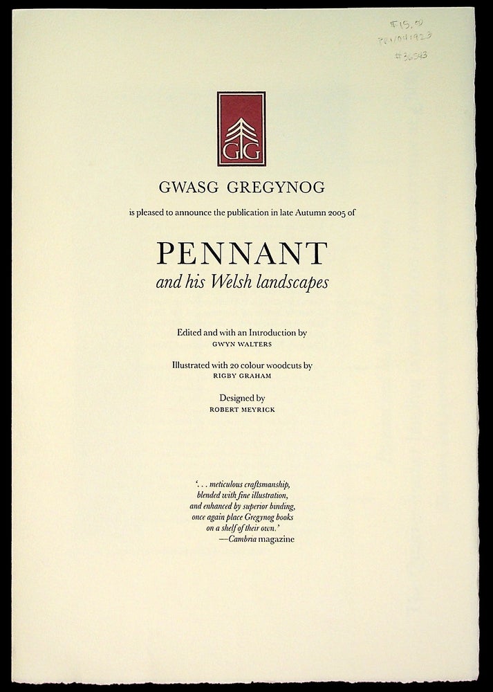 Item #36543 Prospectus for Pennant and his Welsh Landscapes. Gwasg Gregynog, Thomas Pennant, Rigby Graham.