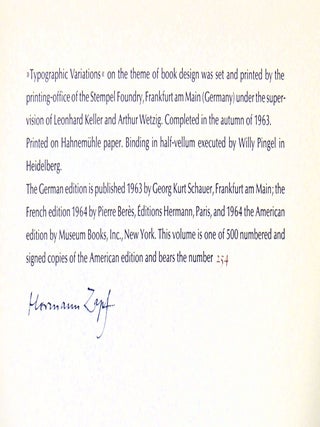 Typographic Variations designed by Hermann Zapf on themes in contemporary book design and typography in 78 book- and title-pages.