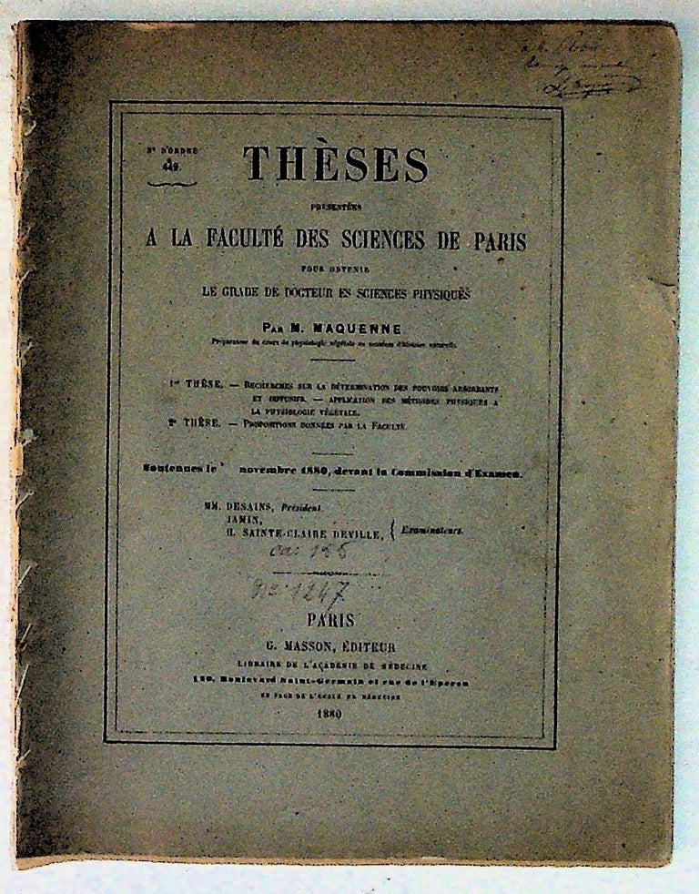 Item #4178 Theses Presentees a la Faculte des Sciences de Paris. M. Maquenne.
