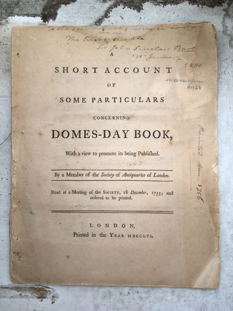 Item #4211 A Short Account of Some Particulars Concerning Domes-Day Book, With a View to Promote Its Being Published. A Member of the Society of Antiquaries of London.