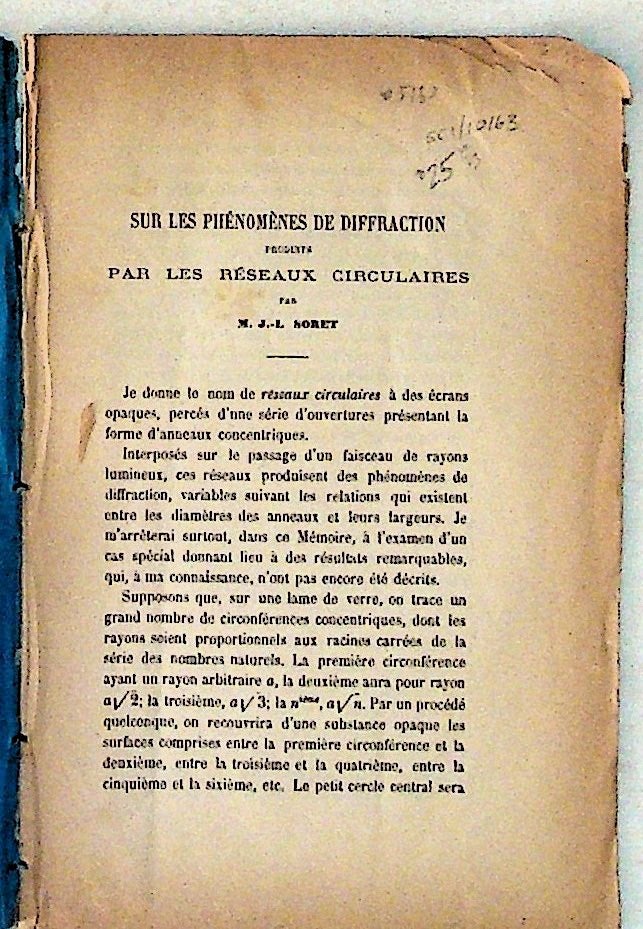 Item #5162 Sur Les Phenomenes de Diffraction Produits Par Les Reseaux Circulaires. J.-L Soret.
