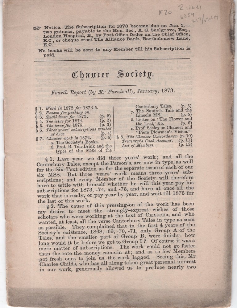 Item #6259 Chaucer Society Reports, 1872 and 73; Third and Fourth Report. Frederick Furnivall.
