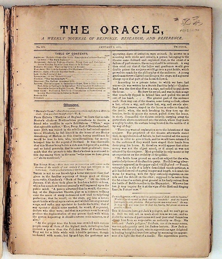 Item #7090 The Oracle. A Weekly Journal of Response, Research, and Reference. No. 192-208, January 6 - April 28, 1883. Unknown.